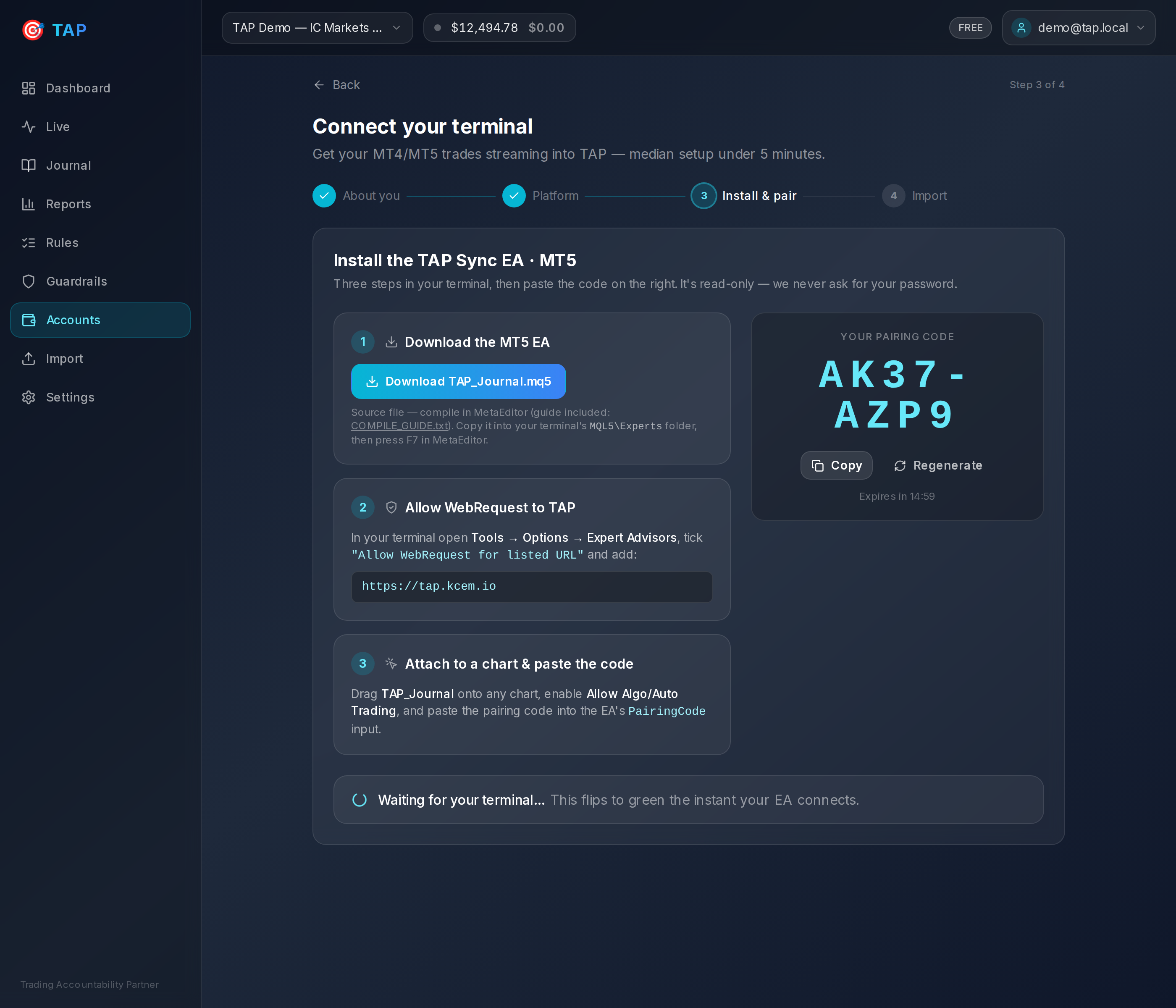 The TAP connect wizard showing the WebRequest steps and a one-time pairing code